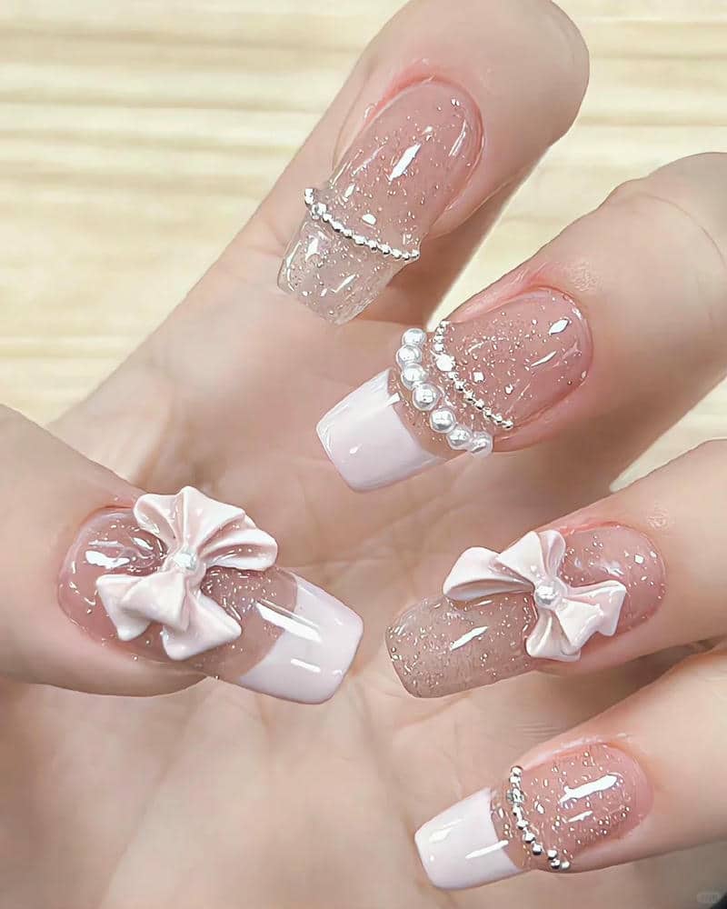 ảnh mẫu nail bánh bèo đính nơ