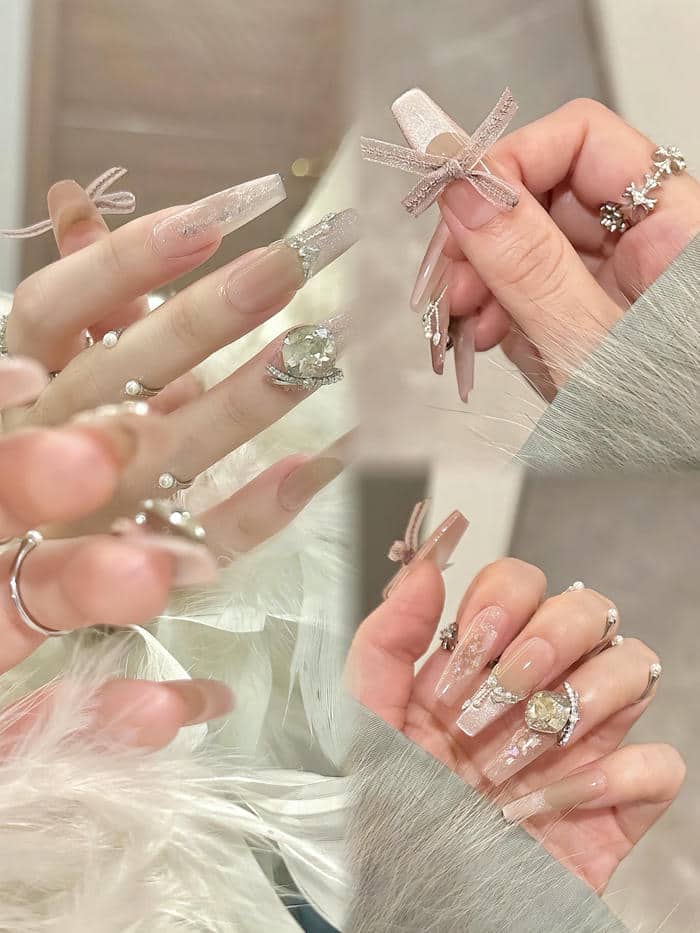 ảnh mẫu nail đính đá nơ