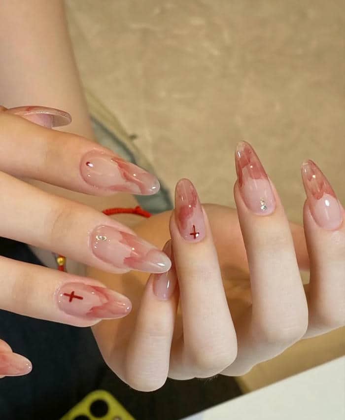 ảnh mẫu nail loang vân đá tông màu hồng