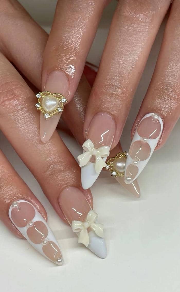 ảnh mẫu nail nơ trắng