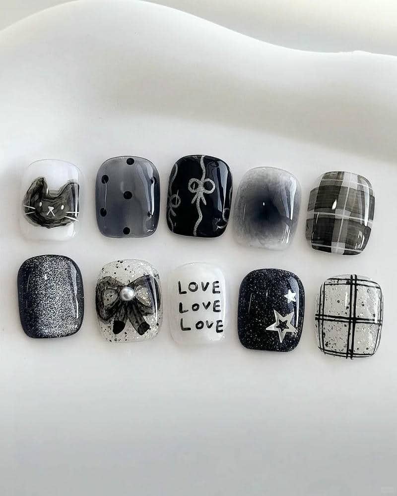mẫu nail caro đen trắng