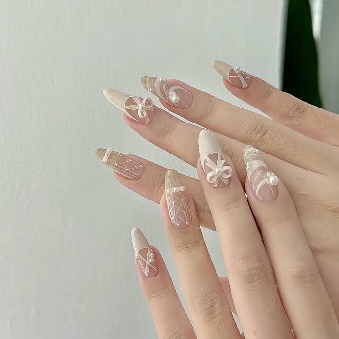 mẫu nail cô dâu không đính đá