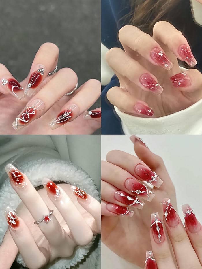 mẫu nail cô dâu màu đỏ đính đá