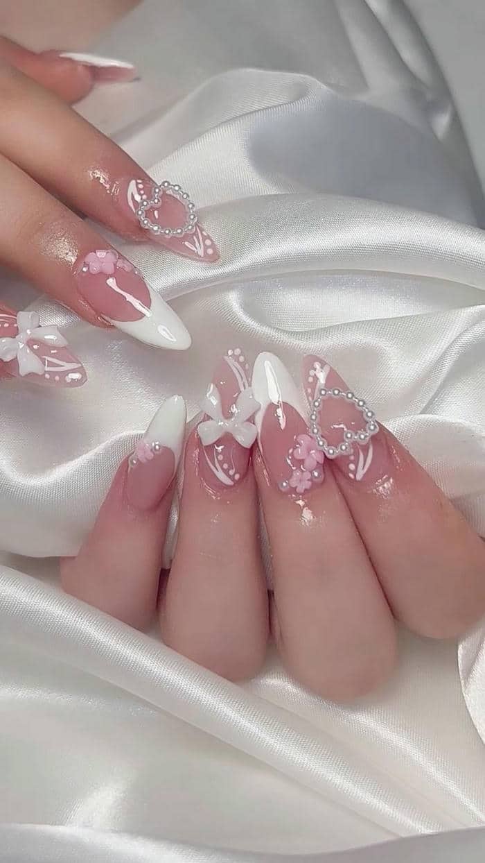 mẫu nail cô dâu màu hồng