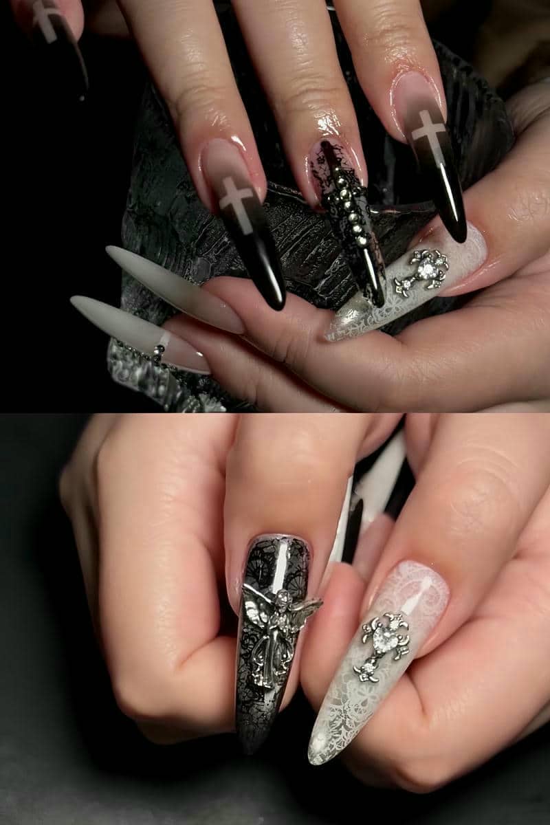 mẫu nail đen trắng cá tính