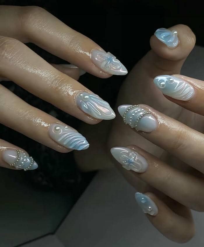 mẫu nail đi biển màu xanh