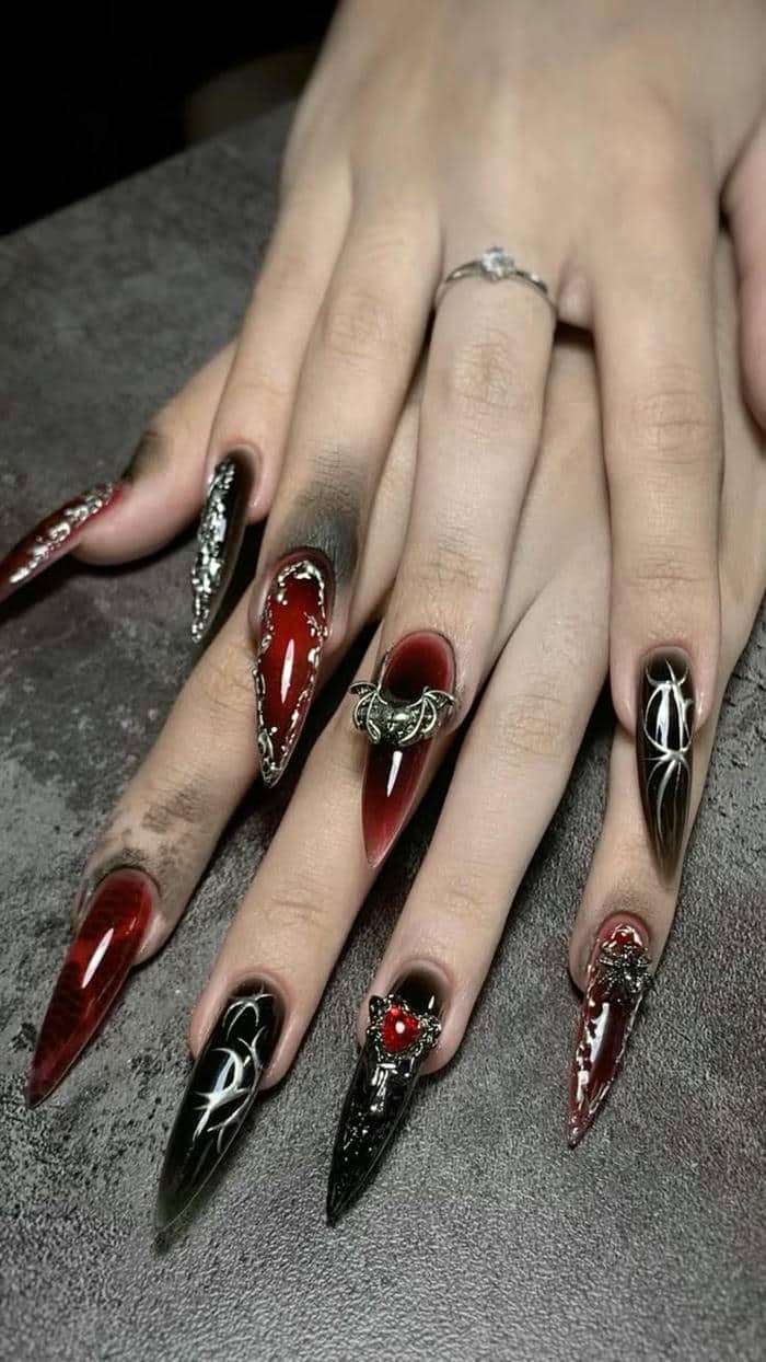 mẫu nail đính đá sang trọng màu đỏ