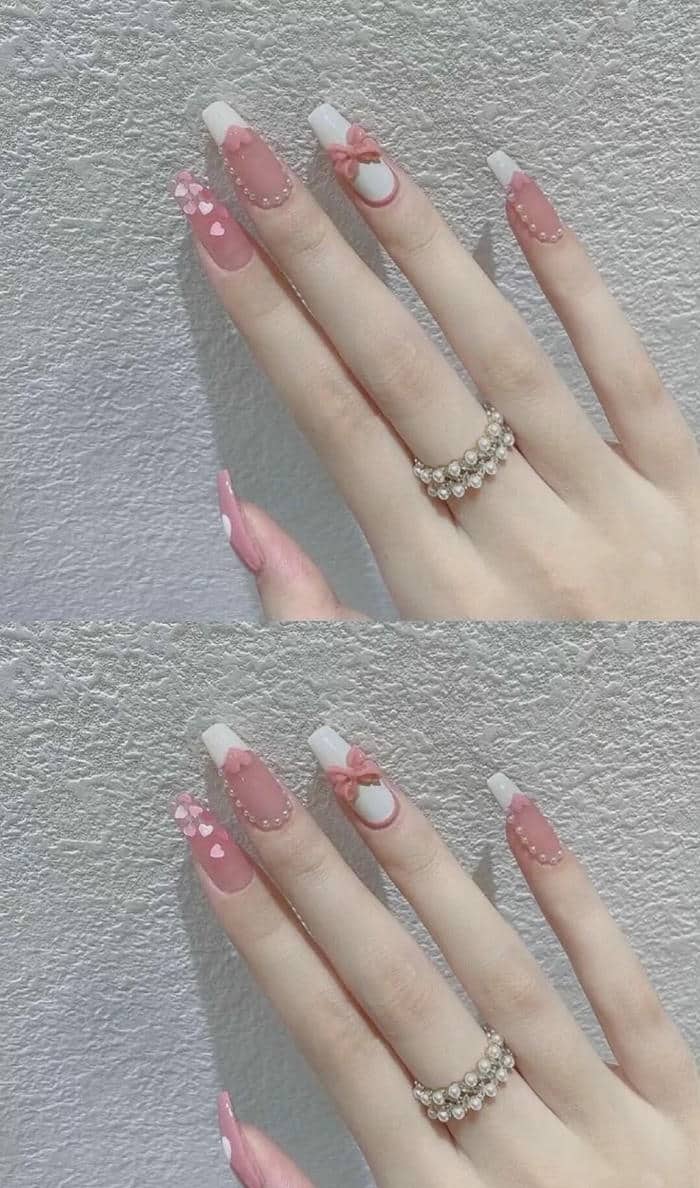 mẫu nail hồng trắng