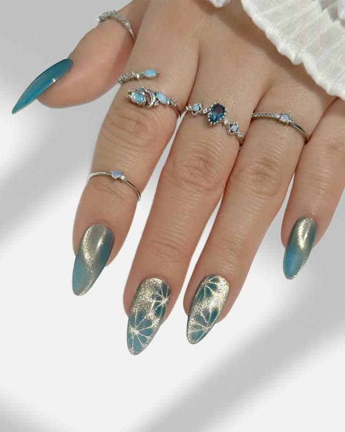 mẫu nail mắt mèo xanh dương