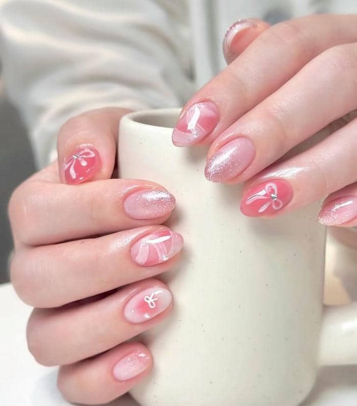 mẫu nail màu hồng thạch vẽ