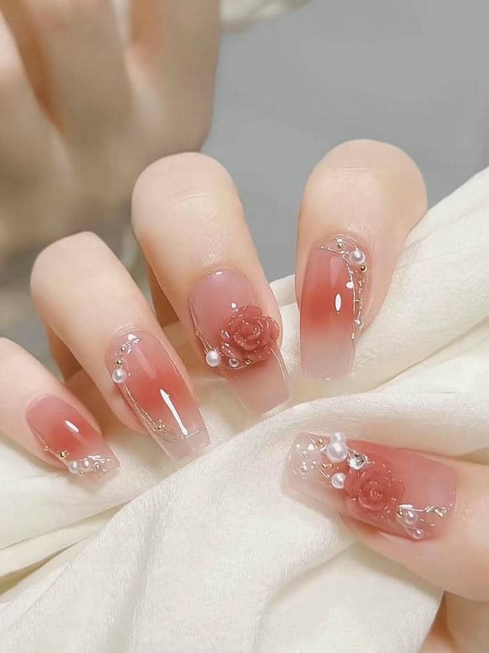 mẫu nail màu loang hồng