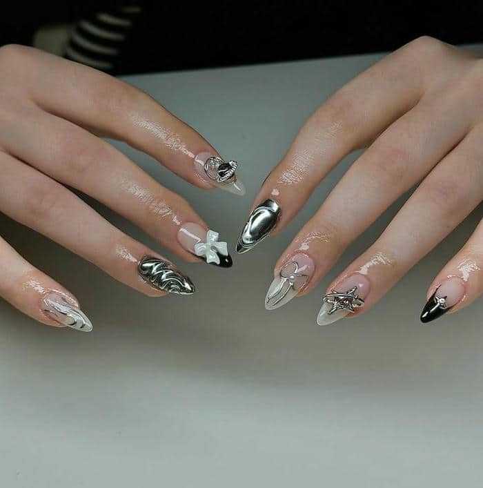 mẫu nail nơ đính đá sang chảnh