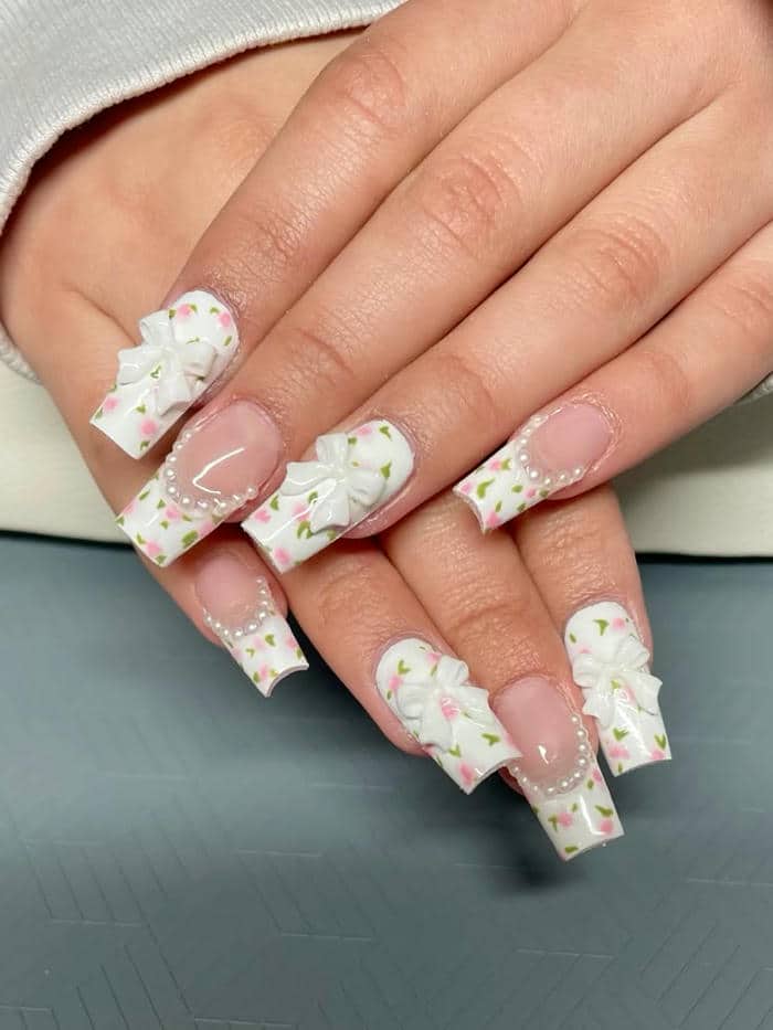 mẫu nail nơ trắng