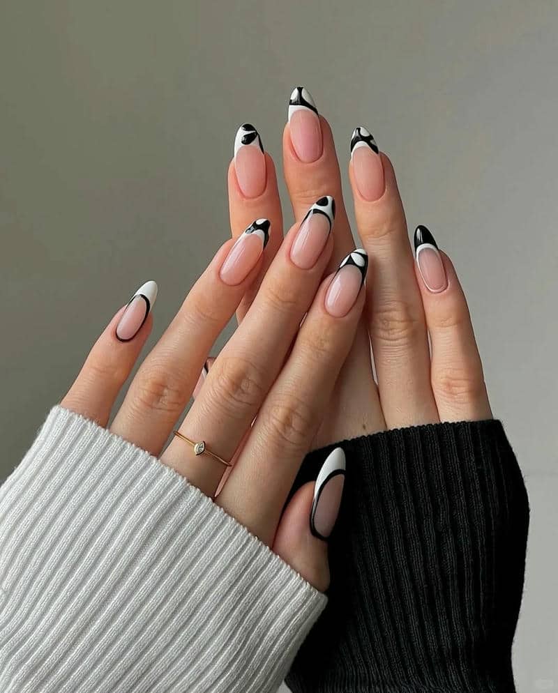 mẫu nail sơn đầu móng đen trắng