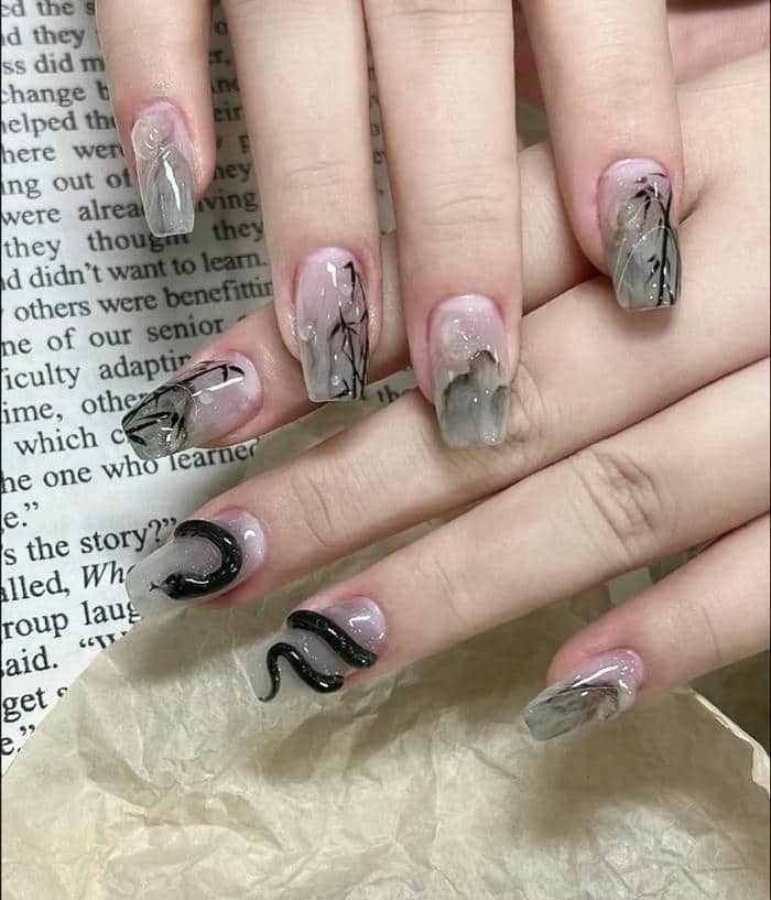 mẫu nail vân đá trắng đen