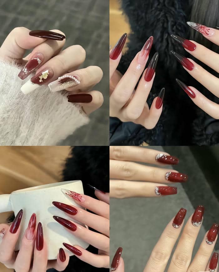 nail cô dâu màu đỏ đính đá