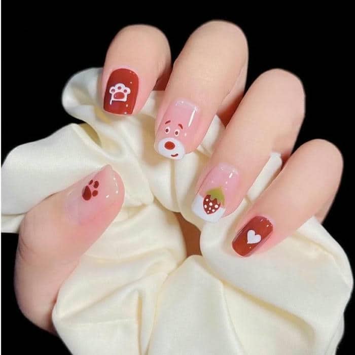 nail gấu dâu móng ngắn cute
