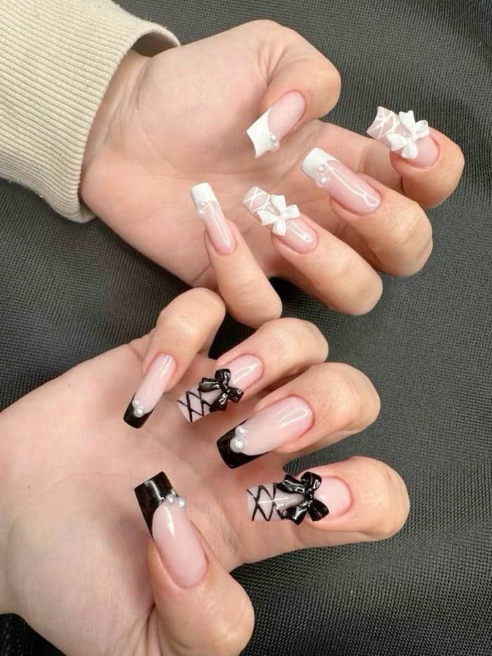 nail nơ tông đen trắng