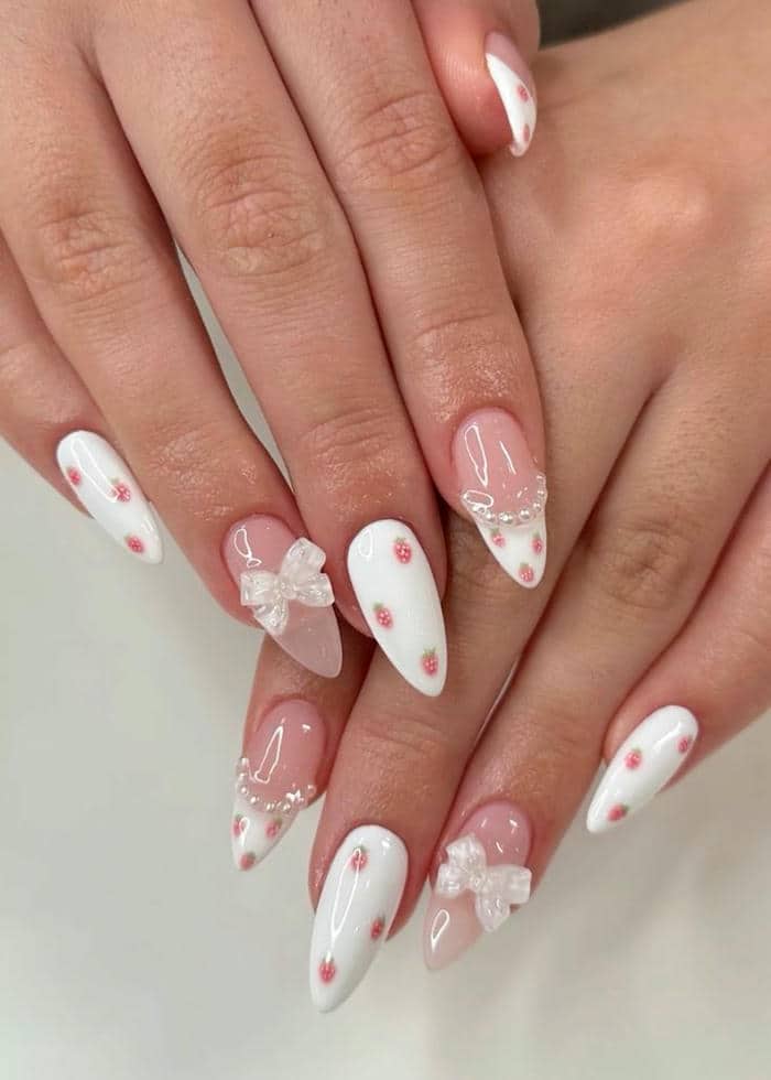 nail trắng đính nơ