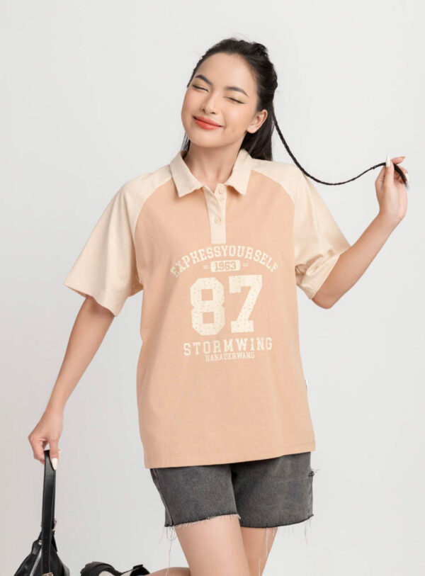 Áo Polo Oversize Nữ Tay Ngắn Phối Màu In Số 87 APLFM8 h3