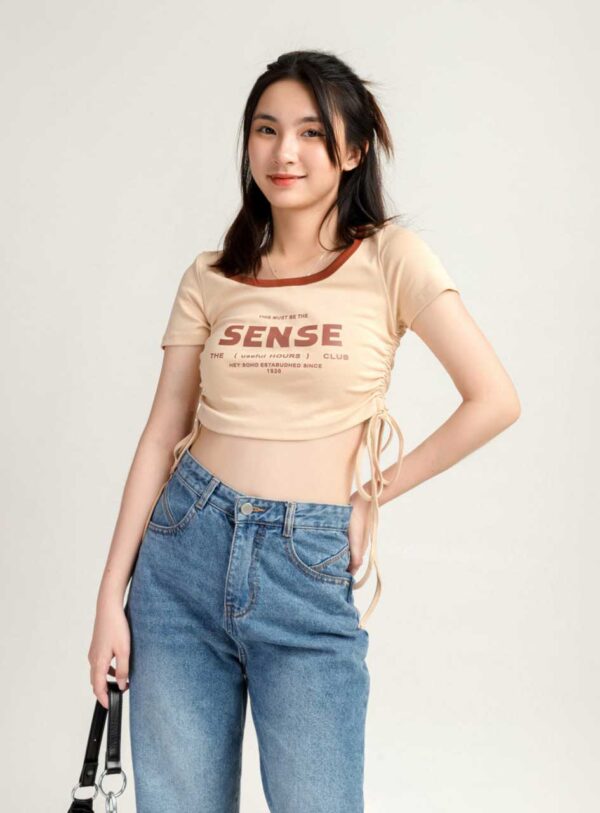 Áo Thun Croptop nữ Cổ U Rút Dây In Chữ Sense ACTFM12 h2