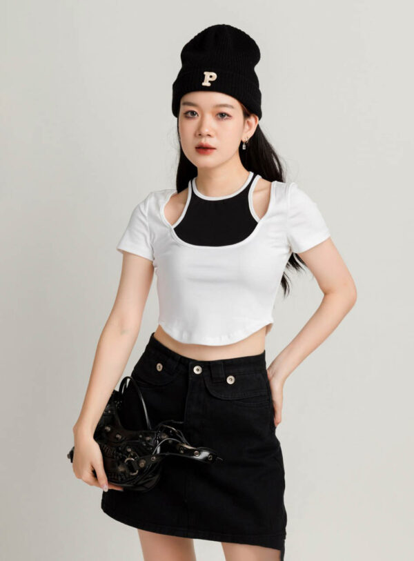 Áo Thun Croptop nữ Cổ Yếm Phối Viền Màu ACTFM9 h2