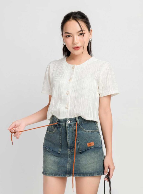 Chân Váy Dáng A Nữ Jeans Túi Rách Dây Rút CVDAFM1