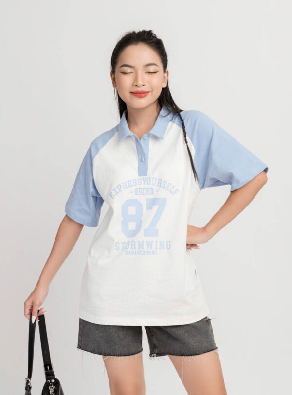 Áo Polo Oversize Nữ Tay Ngắn Phối Màu In Số 87 APLFM8