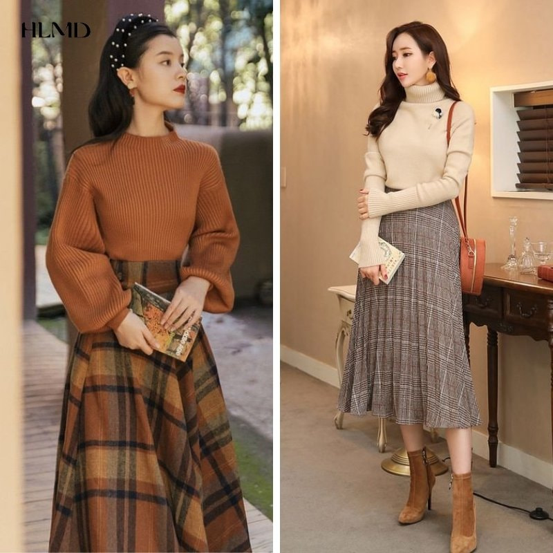 Phối áo sweater len cùng chân váy voan dáng dài