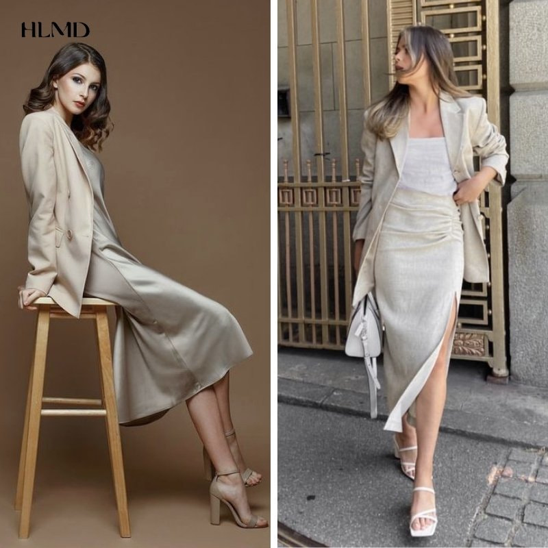 Thời trang thanh lịch cùng váy suông kết hợp áo khoác blazer