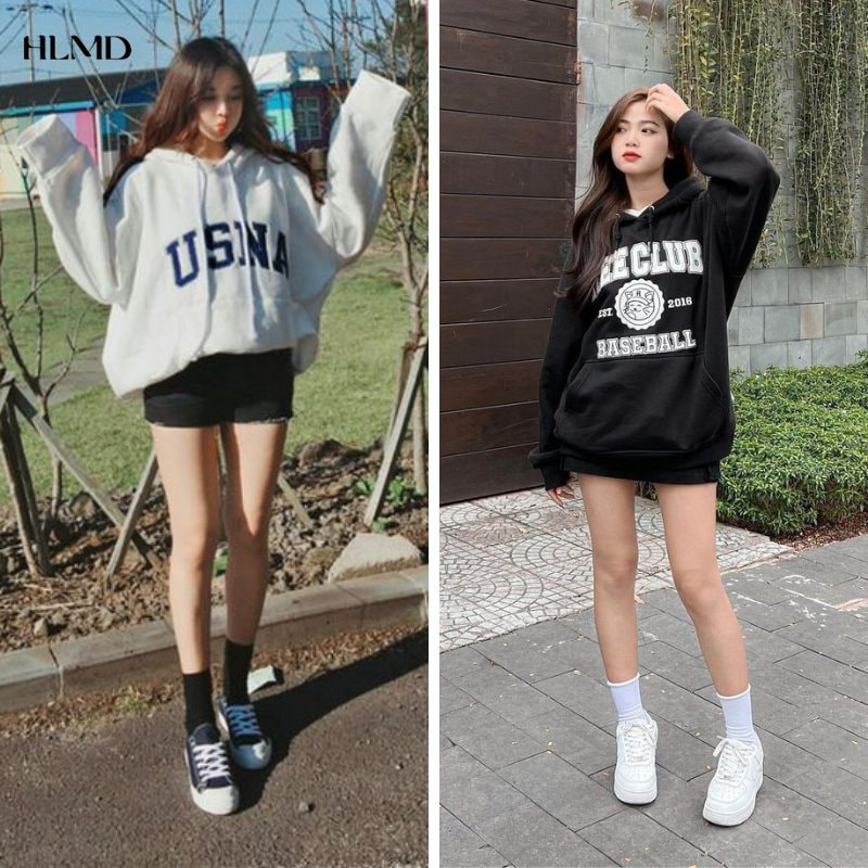 Áo hoodie với quần short cạp cao