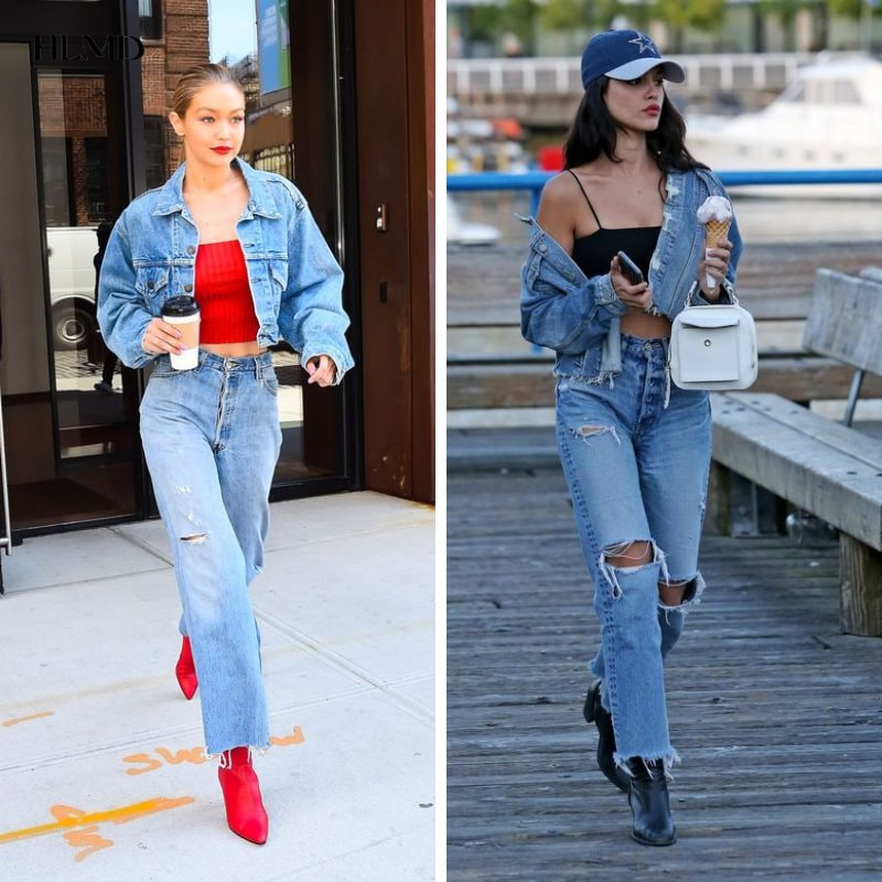 Outfit Retro năng động với áo khoác jeans + áo croptop và quần jeans