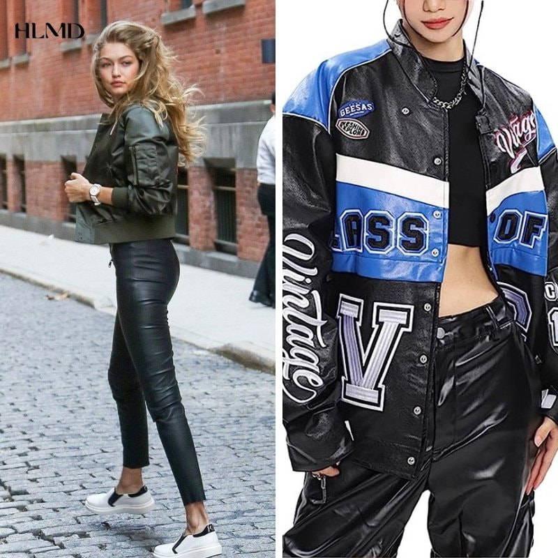 Outfit chất cùng áo bomber phối với quần da