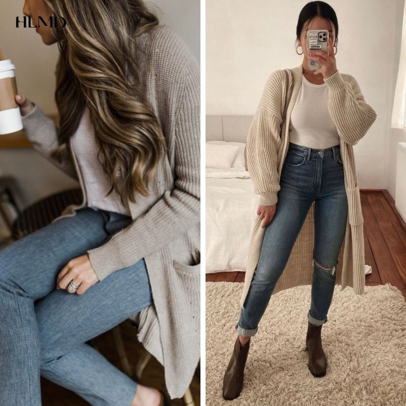 Phối áo len cardigan và quần jeans ống suông