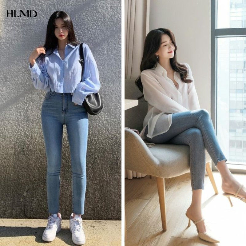 Quần jean skinny phối với áo sơ mi