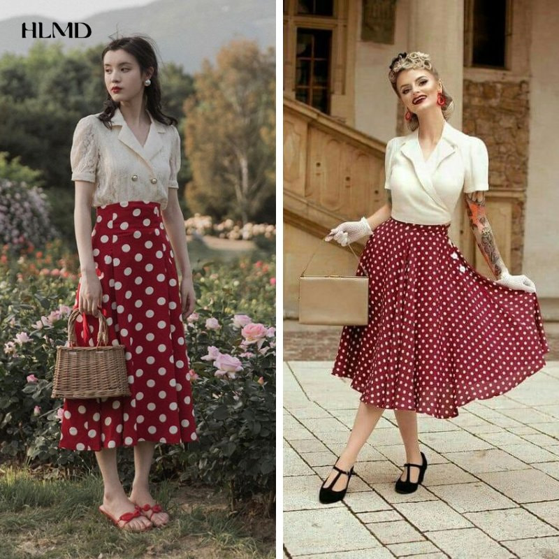 Retro style tone đỏ với áo sơ mi + chân váy chấm bi dài