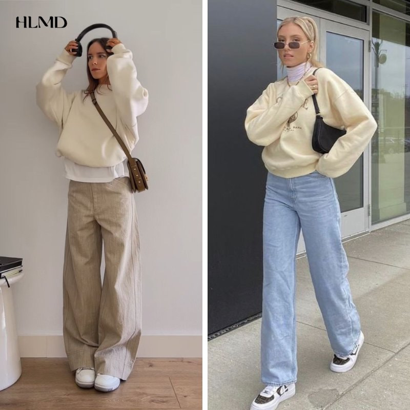 Sweater màu kem kết hợp cùng quần ống rộng