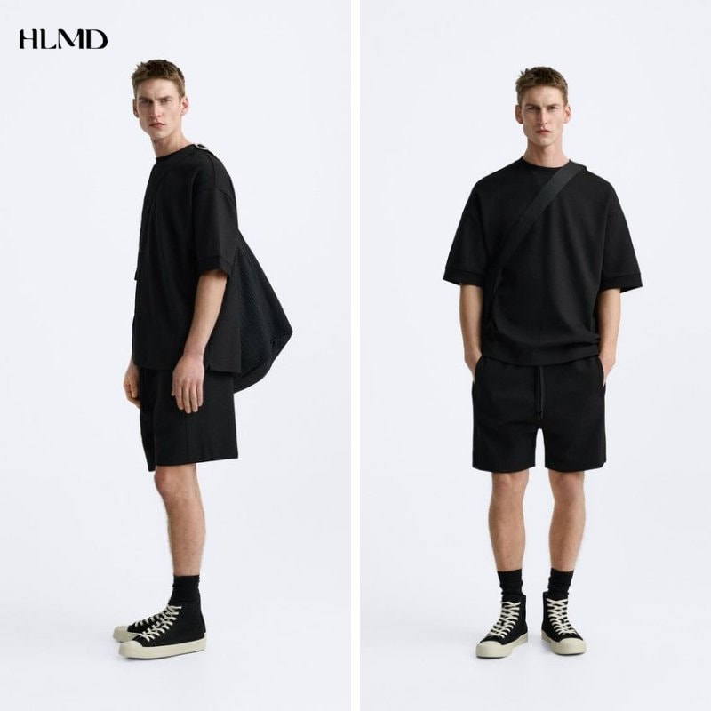 Mix áo thun đen + quần short và giày vans