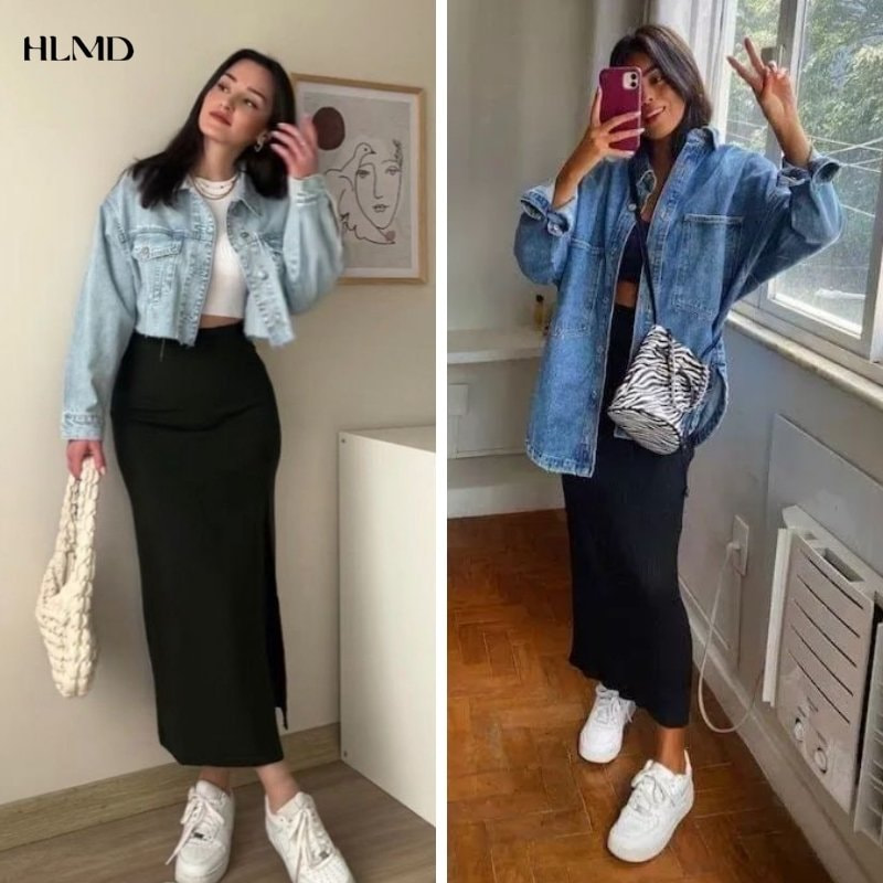 Áo jacket denim kết hợp áo thun và váy đầm