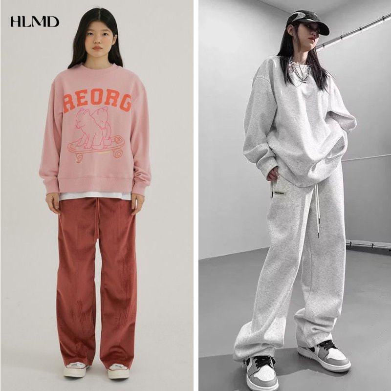 Áo sweatshirt mix cùng quần ống rộng