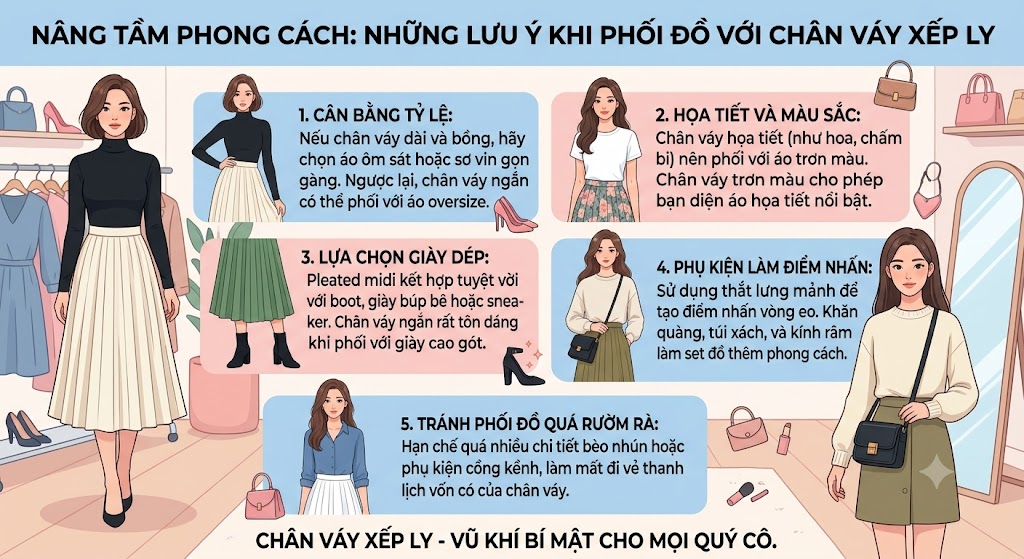 Những lưu ý khi phối đồ với chân váy xếp ly
