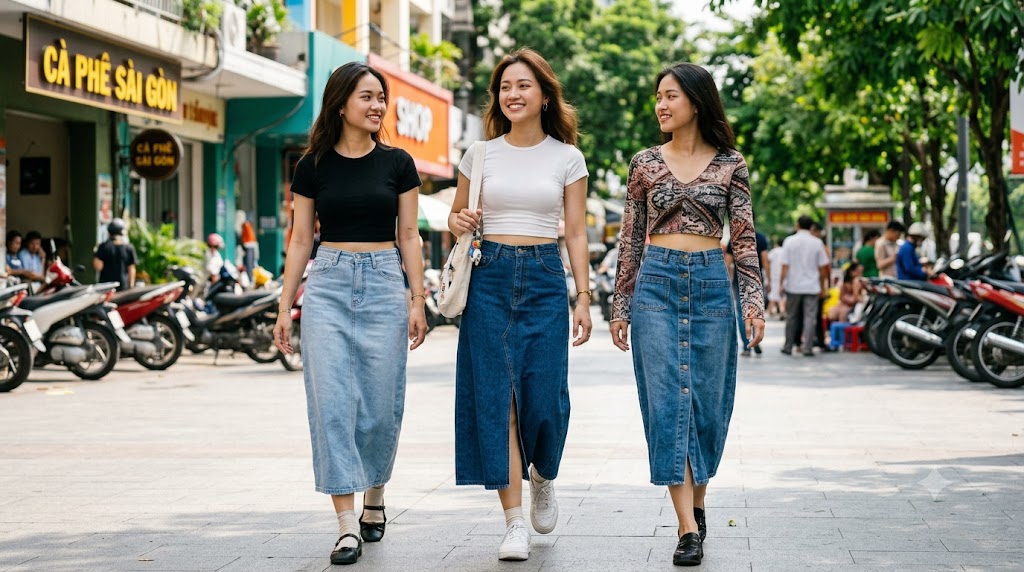 Chân váy jean dài phối với áo croptop Chân váy jean dài phối với áo croptop
