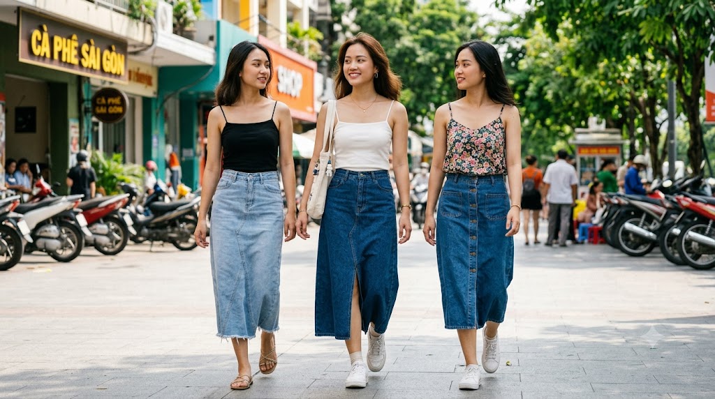 Chân váy jean dài phối với áo hai dây Chân váy jean dài phối với áo hai dây