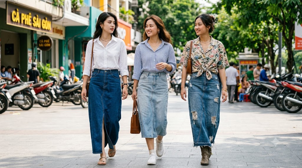 Chân váy jean dài phối với áo sơ mi Chân váy jean dài phối với áo sơ mi