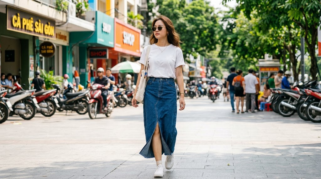 Chân váy jean dài phối với áo thun Chân váy jean dài phối với áo thun