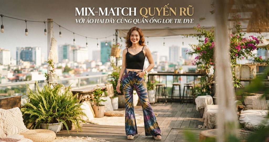 Mix-match quyến rũ với áo hai dây cùng quần ống loe tie dye