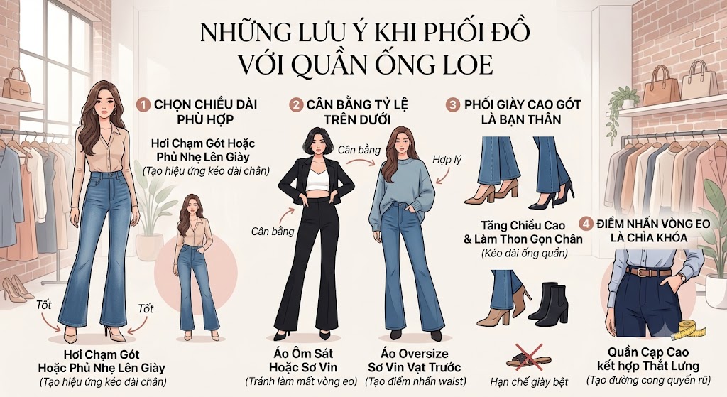 Những lưu ý khi phối đồ với quần ống loe
