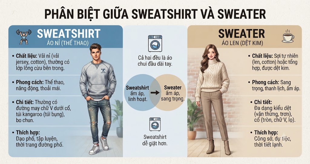 Phân biệt giữa Sweatshirt và Sweater