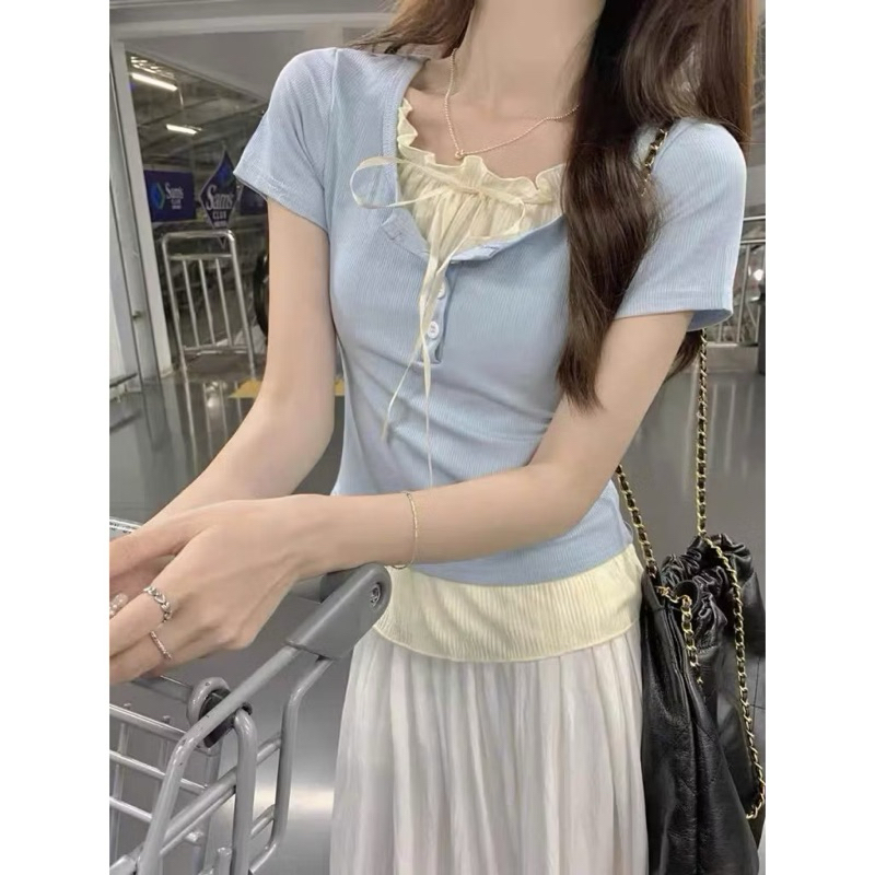Áo Thun Croptop Phối Viền Ren Cột Nơ Công Chúa Xinh Đẹp - Ảnh 2