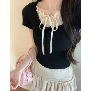 Áo Thun Croptop Phối Viền Ren Cột Nơ Công Chúa Xinh Đẹp